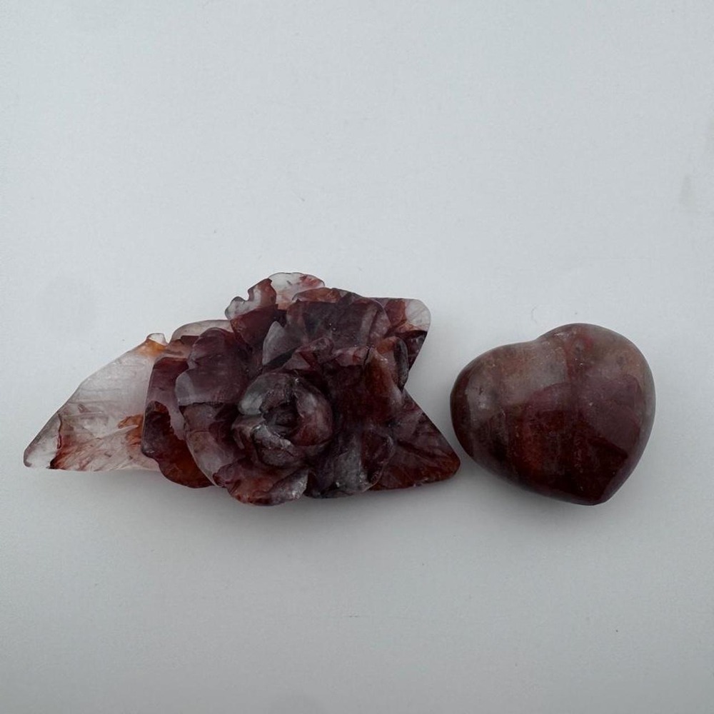 Fire quartz rose carving and small heart carving Crystal set